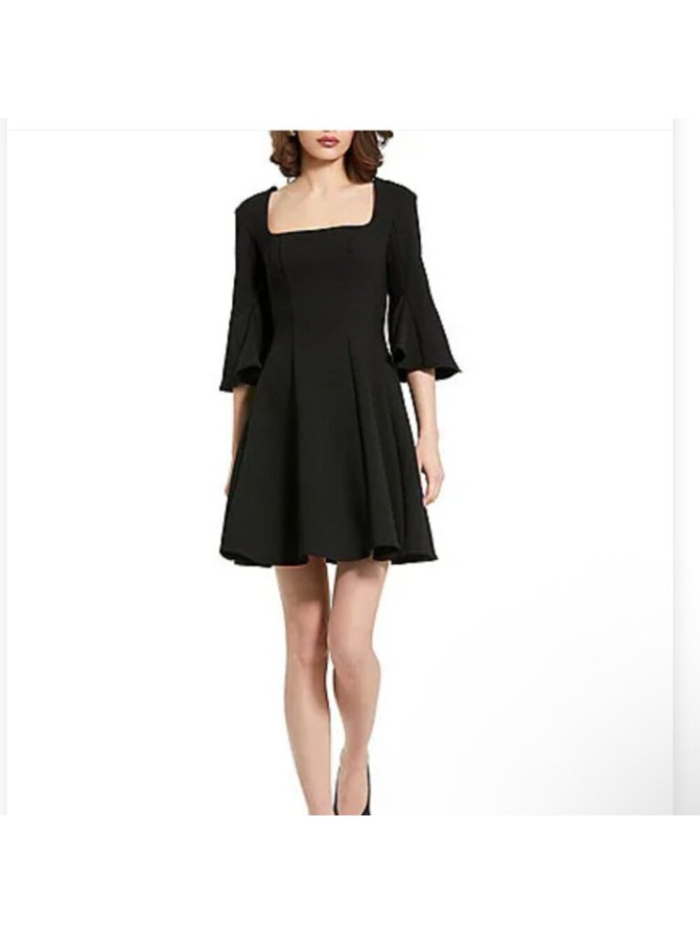 Mac Duggal Black Crepe Mini Dress 2 Fit Flare Square Neck Bell Sleeve